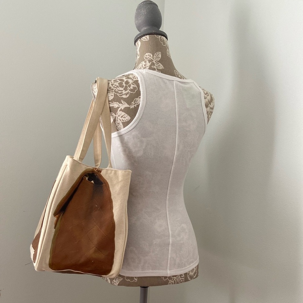 Thursday Friday Canvas Coated Quilt Print Tote Bag Cream Tan Gold - Picture 4 of 16